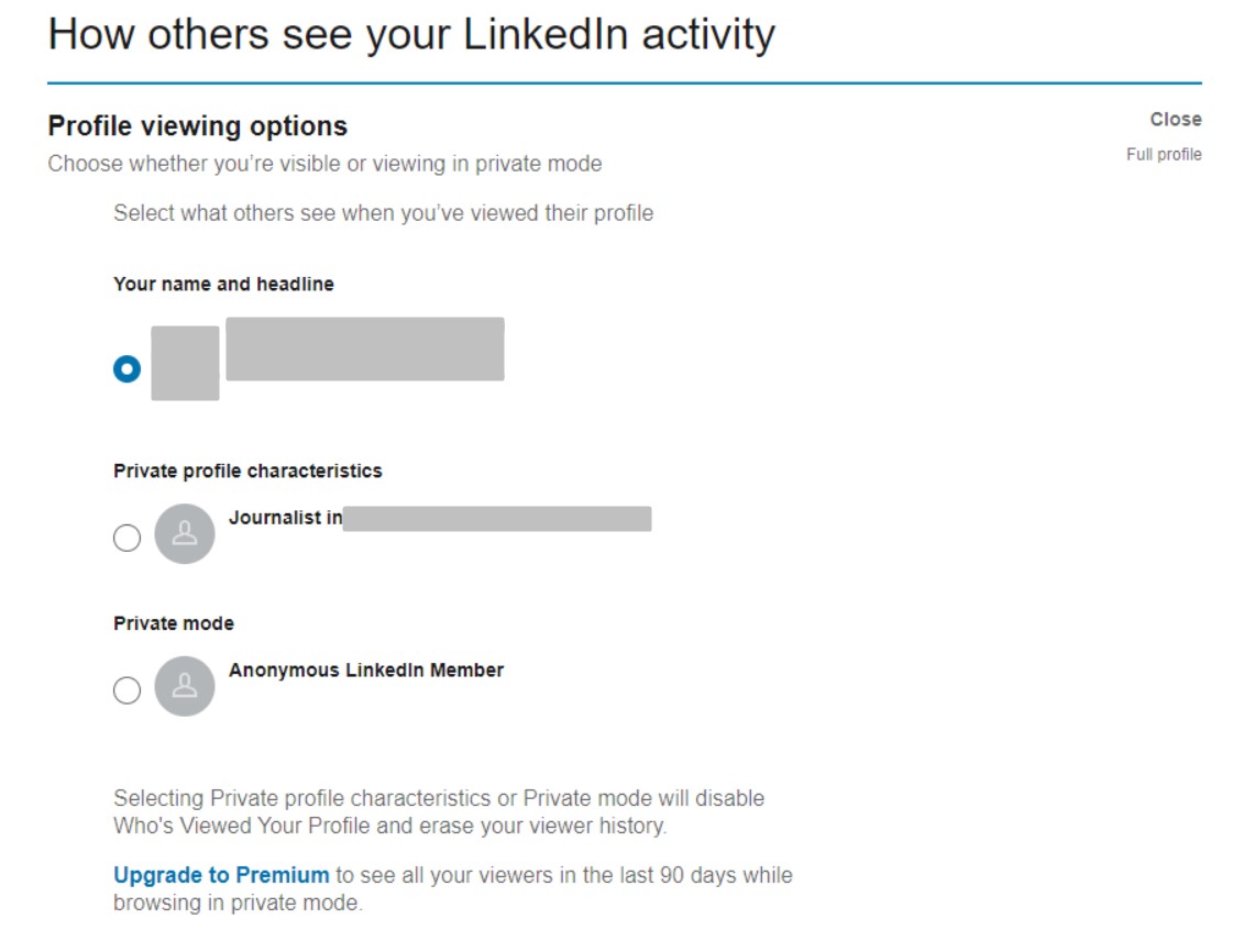 LinkedIn Private Mode Browsing Settings