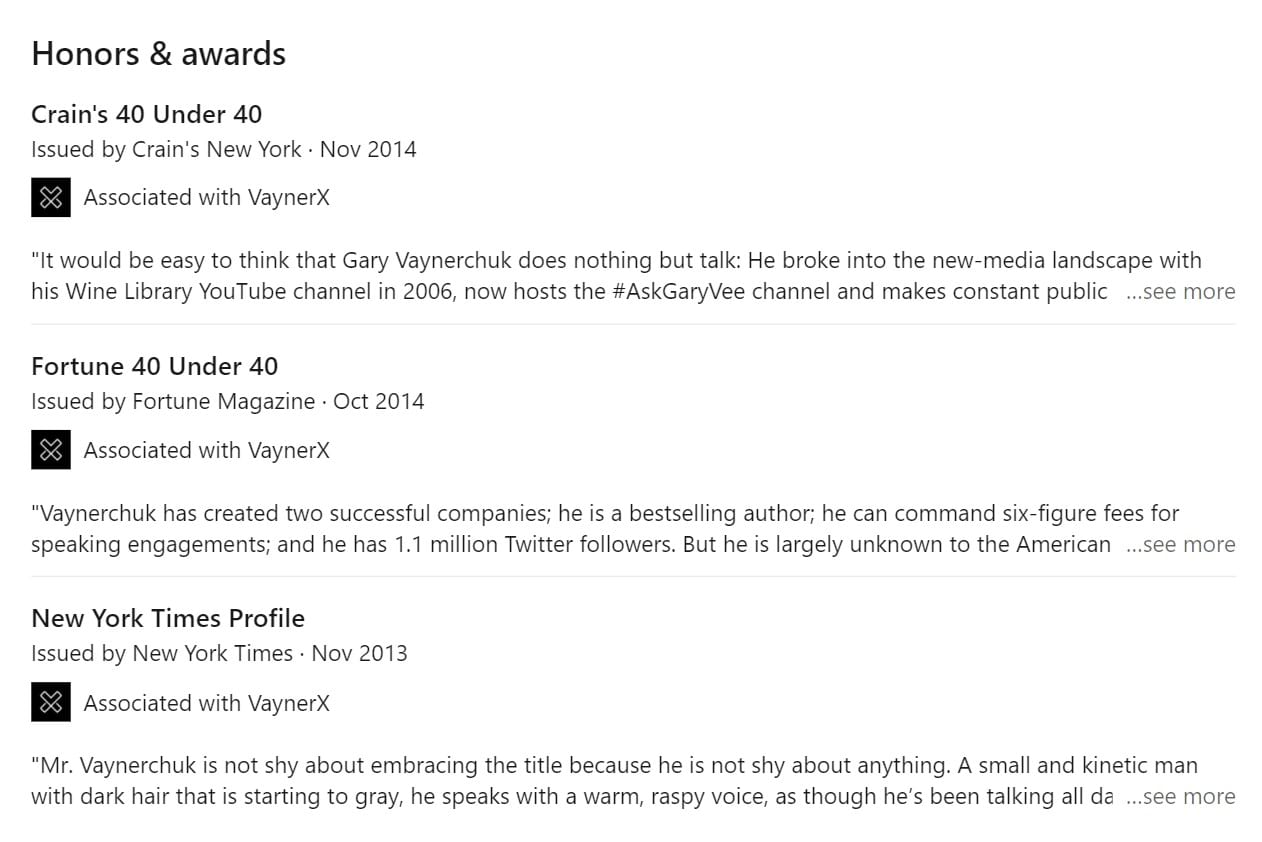 Gary Vaynerchuck honors and awards on LinkedIn